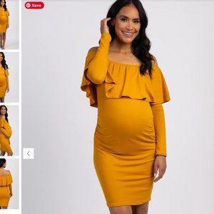PinkBlush - mustard yellow ruffle trim off shoulder fitted Maternity dress